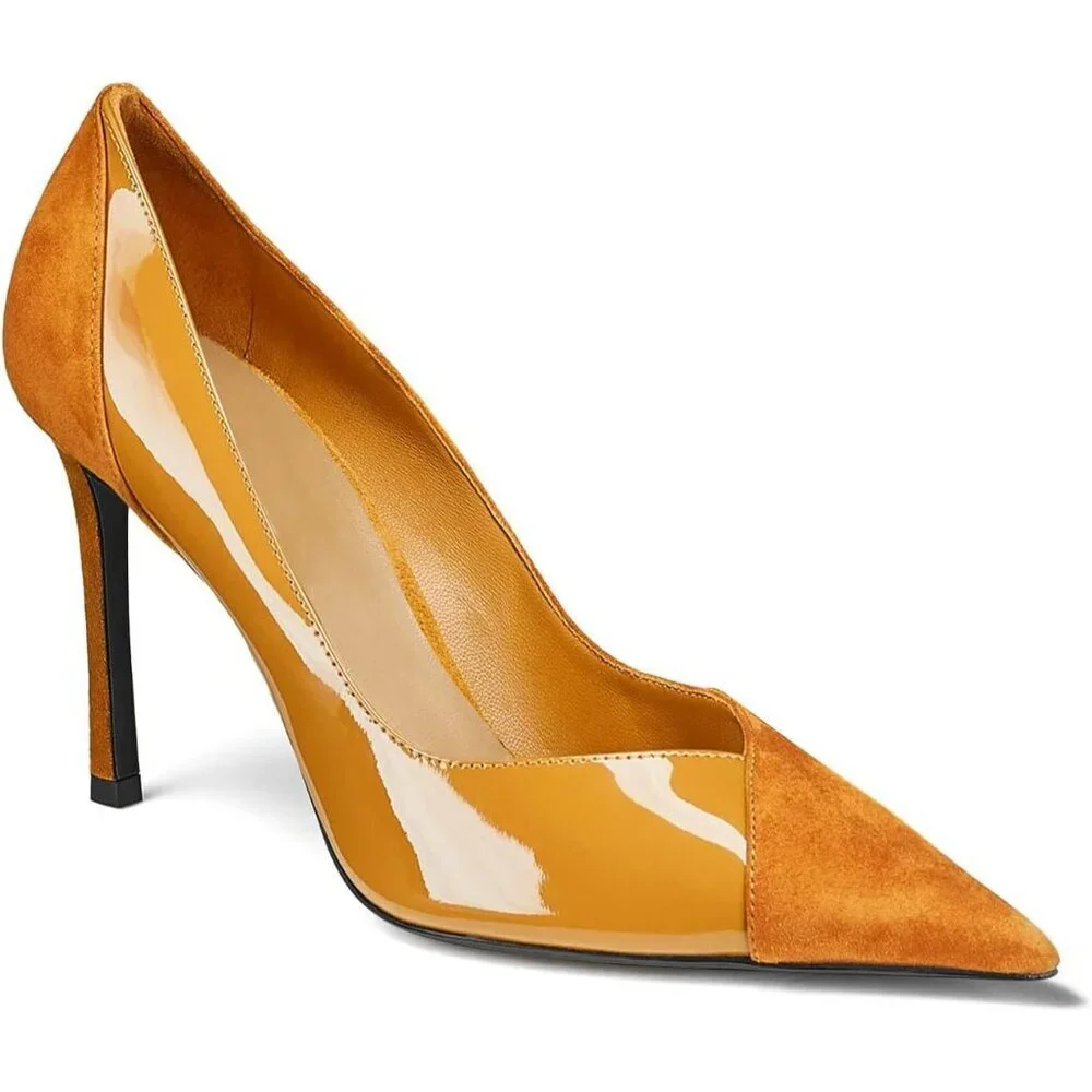 Women's Brown Pointed Toe High Heels Pumps Patent Suede Stiletto Heel Slip on